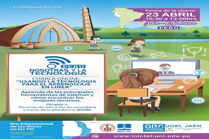 Afiche "Nosotros y la tecnología", con dibujo de niña en computadora.