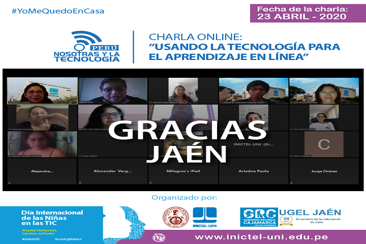 Pantalla de videoconferencia con alumnas y texto "GRACIAS JAEN"